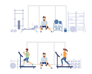 Training in the gym in the fitness club. Young woman running on treadmill, man listening to music on smartphone while running, fitness trainer lifts dumbbells cartoon flat vector illustration