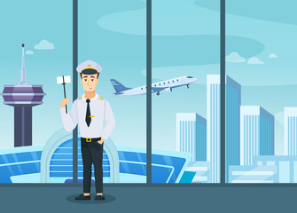 Pilot crew airplane in uniform standing makes selfie of terminal window on background of smart city, cityscape, high-rise buildings, skyscrapers, business centers cartoon vector illustration.