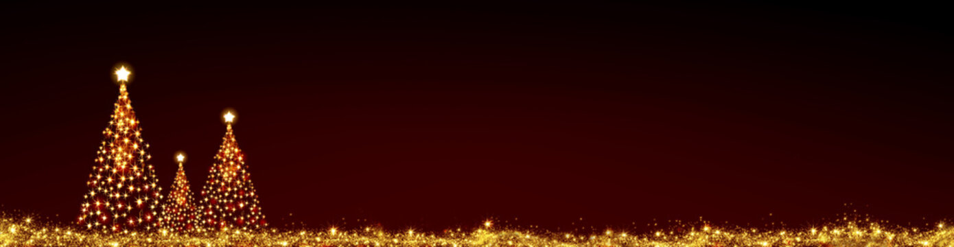 Three Christmas trees isolated on red sky background.