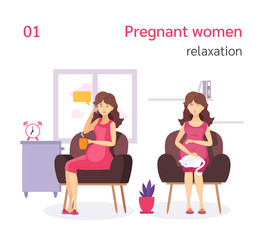 Pregnant woman relaxation. Pregnant lady is sitting in armchair with cat, talking with her friend, resting.