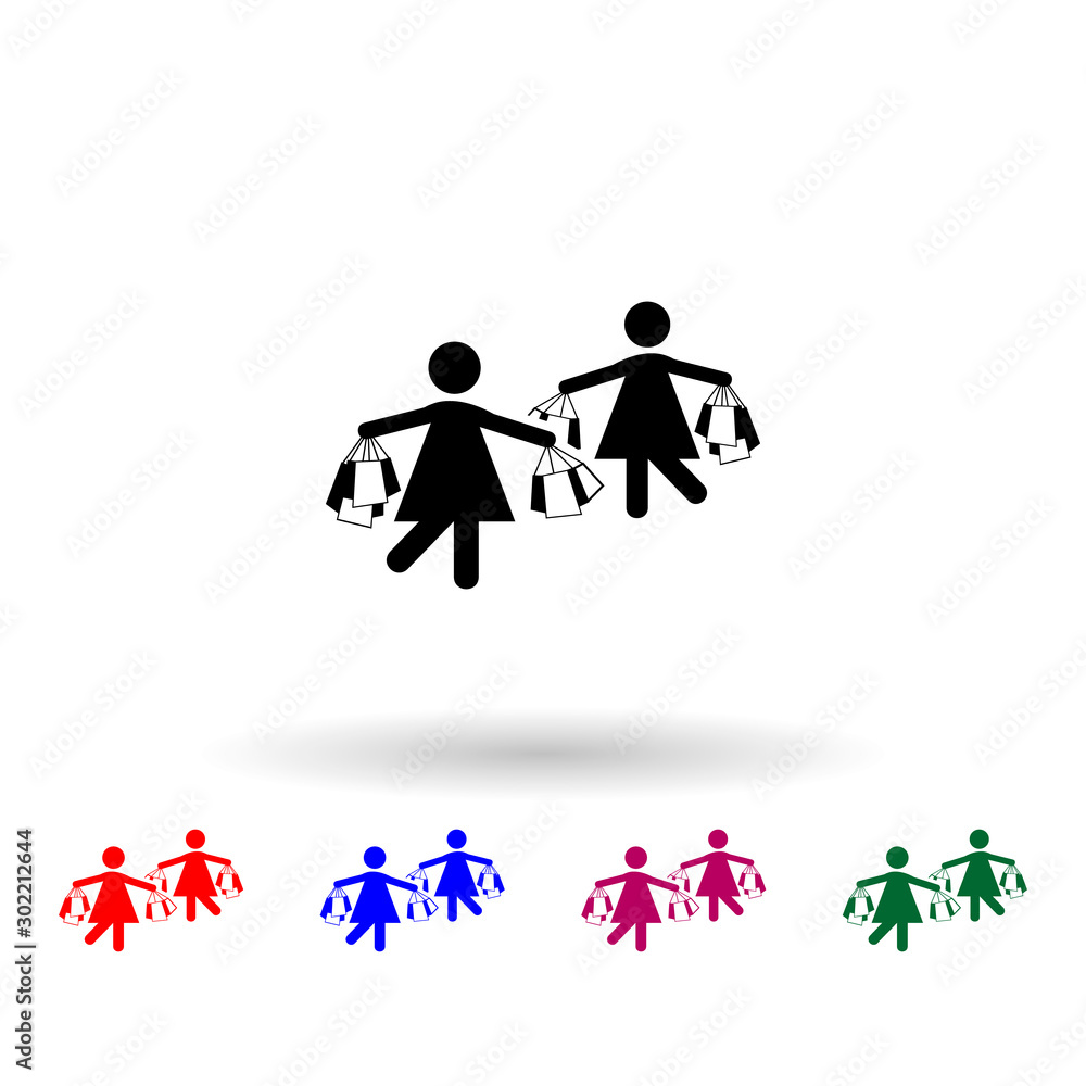 Poster shoppers with bags multi color icon. simple glyph, flat vector of black friday icons for ui and ux, 