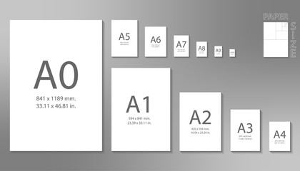 Paper sizes A0 to A10 format isolated on grey background. - obrazy, fototapety, plakaty