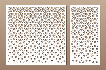 Set decorative card for cutting. Geometric arabic mosaic pattern. Laser cut. Ratio 1:1, 1:2. Vector illustration.