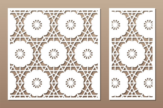 Set decorative card for cutting. Geometric linear flower pattern. Laser cut. Ratio 1:1, 1:2. Vector illustration.