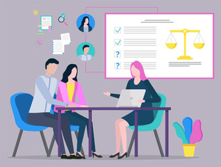 Lawyer discussing with clients, judge consultation, legal advice, plan of strategy. People communication with laptop, legislation and paperwork vector