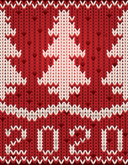 New 2020 year knitted pattern wallpaper with xmas tree, vector illustration