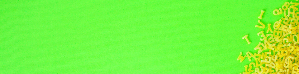 Pasta Alphabet (set of ingredients, raw pasta) serving second course. top food background. copy space