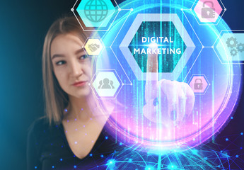 Business, Technology, Internet and network concept. Young businessman working on a virtual screen of the future and sees the inscription: Digital Marketing