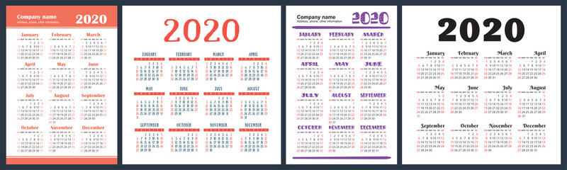 Calendar 2020 year set. Vector square and vertical calender design template. Colorful English collection. Week starts on Sunday