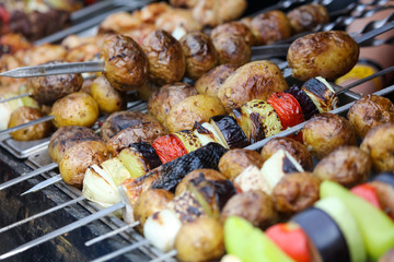 Grilled vegetables with mushrooms and meat