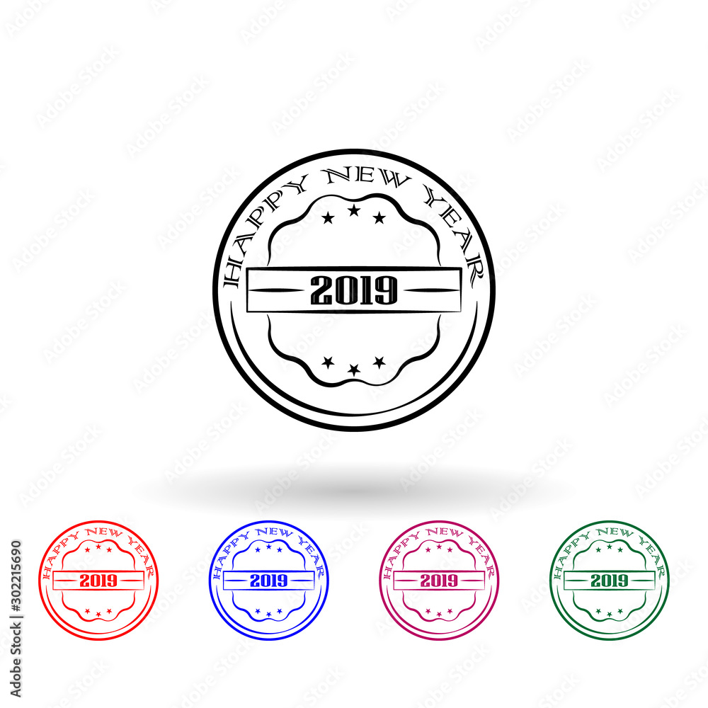 Poster happy new year 2019 stamp multi color icon. simple thin line, outline vector of stamp happy new year