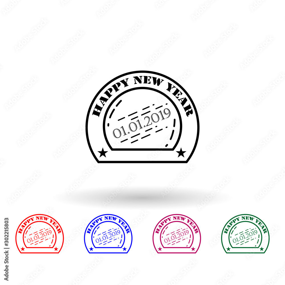 Poster happy new year 2019 stamp multi color icon. simple thin line, outline vector of stamp happy new year