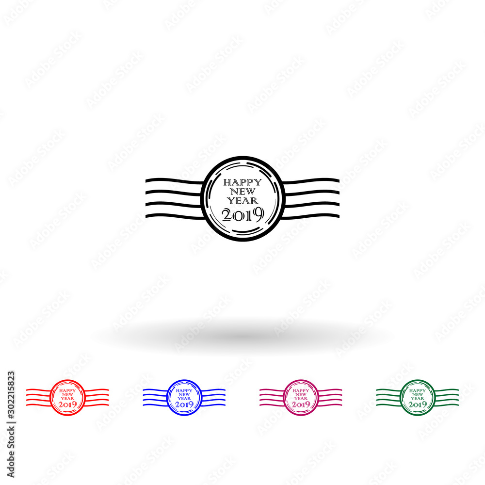 Poster happy new year 2019 stamp multi color icon. simple thin line, outline vector of stamp happy new year