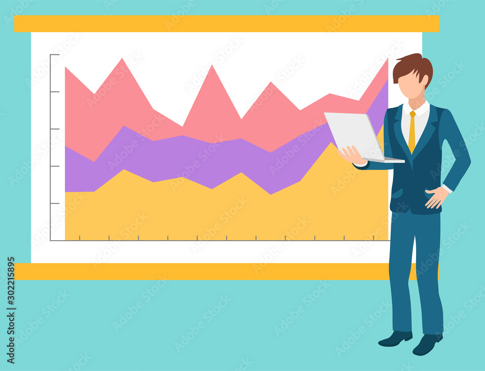 Aufkleber businessman explaining infochart vector, business development and dynamics of projects. analysis and