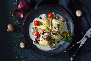 Schwäbische Gemüse-Maultaschen mit Champignonrahmsoße und Röstzwiebeln - Swabian vegetable ravioli with mushroom cream sauce and roasted onion rings, dark and moody style