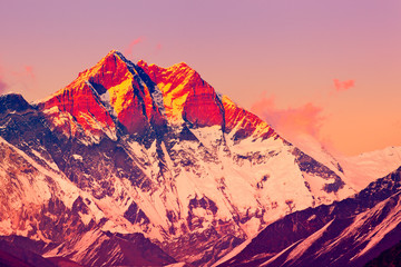 Lhotse peak at sunset. Fourth highest mountain in the world (8,516 m.), Lhotse means “South Peak” in Tibetan. Solukhumbu District, Sagarmatha NP, Nepal - obrazy, fototapety, plakaty