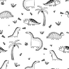 Seamless pattern doodle dino black and white. Funny print for fabric and paper.