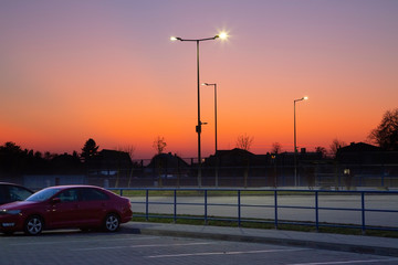 modern parking area at night with led street lights