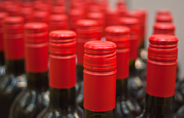 Bottles of wine in rows in liquor store