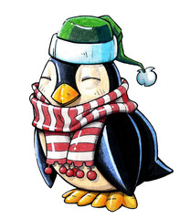 Pingouin de Noël en hiver avec écharpe et bonnet © sebastien maebe