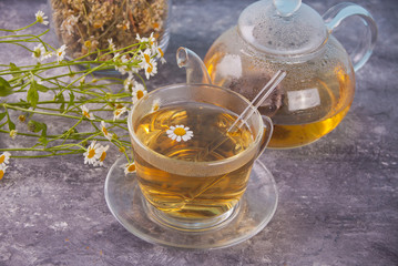 Glass of healthy herbal camomille tea. Naturopathy. Matricaria chamomilla.