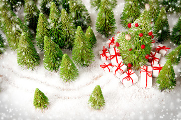 Christmas Tree and with Gifts in the Forest