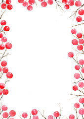 Red berries fruit plants frame watercolor hand painting for decoration on winter season or Christmas holiday events.