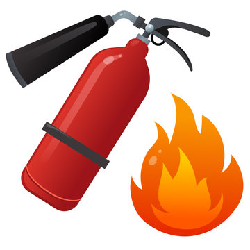 Color image of fire extinguisher on a white background. Fire, flame, extinguisher. Vector illustration set.