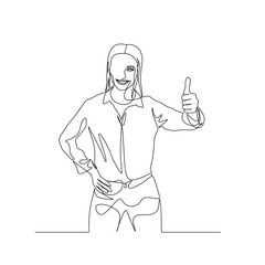 Continuous one line beautiful woman in shirt shows thumb and smile. Big finger sign. Vector