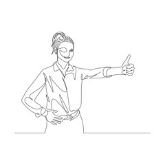 Continuous one line woman with ponytail in shirt shows thumb and smile. Big finger sign. Vector