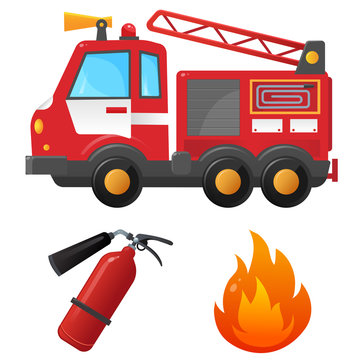 Color image of fire truck on a white background. Fire, flame, extinguisher. Cartoon fire engine. Vehicle, transport for kids. Vector illustration set.