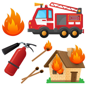 Color image of fire truck on a white background. Fire, flame, extinguisher. House in fire. Matches. Cartoon fire engine. Vehicle, transport for kids. Vector illustration set.