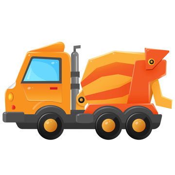Color image of concrete mixer on a white background. Cartoon  cement mixer. Building. Work transport. Vector illustration of vehicle for kids.