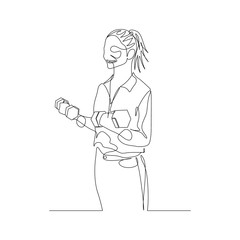 Continuous one line woman with ponytail in shirt lifts dumbbells. Vector