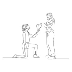 Continuous one line woman on her knee makes a wedding proposal to a man. Wedding and love theme. Vector