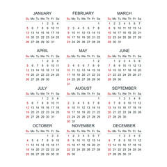 Calendar 2020 template isolated on white background. Design in black and white colors, holidays in red 