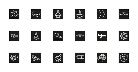 Set of flat vector line icons. It contains symbols for airplanes, globes, flights, transportation and more. on a white background Editable stroke. 48x48 pixels.