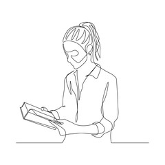 Continuous one line woman read book. Education theme. Vector