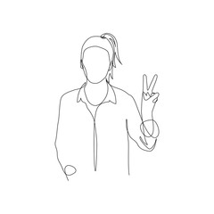 Continuous one line woman make a victory sign with hand. Vector