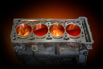 Disassembled Engine Burning Flames Dark