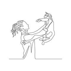 Continuous one line woman holds cat on outstretched arms. Vector