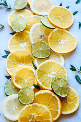 Fototapeta na wymiar Orange, lemon and lime slices on a marble board