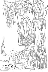 Evening pond, a mermaid with long beautiful hair and a fish tail with scales, willow branches, river plants and a frog in the water, a storybook, in cartoon style, raster copy