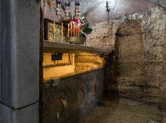 The Tomb of the Virgin in the Tomb of the Virgin church on foot of the mountain Mount Eleon - Mount of Olives in East Jerusalem in Israel