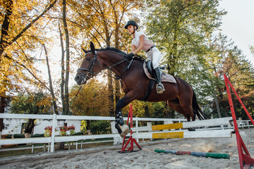 Young horse rider sportswoman on equestrian sport competition.
