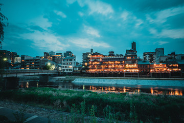 Fototapeta na wymiar Kyoto Sunset Landscape, Japan along the Kamo River