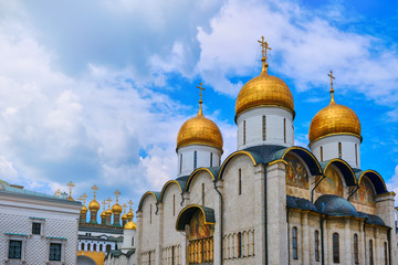 Assumption Cathedral and Cathedral of the Spas of the Holy Face - the Grand Kremlin Palace, Moscow, Russia in June 2019