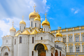 Fototapeta na wymiar Annunciation Cathedral - Orthodox Church of the Moscow Kremlin in honor of the Annunciation of the blessed virgin Mary, located on Cathedral square - Kremlin, Moscow, Russia in June 2019