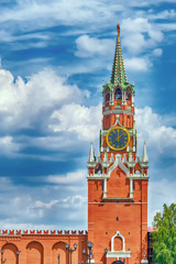 Spasskaya tower (Frolovskaya, Florovskaya, Frololavrskaya, Jerusalem gate) is a travel tower of the Moscow Kremlin overlooking Red square - Kremlin, Moscow, Russia in June 2019