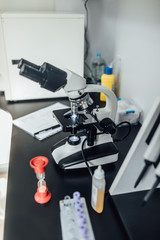 Fototapeta na wymiar Powerful scientific laboratory microscope with multiple lenses. Biotechnology hardware equipment, white clinic. Blood test,dispenser.